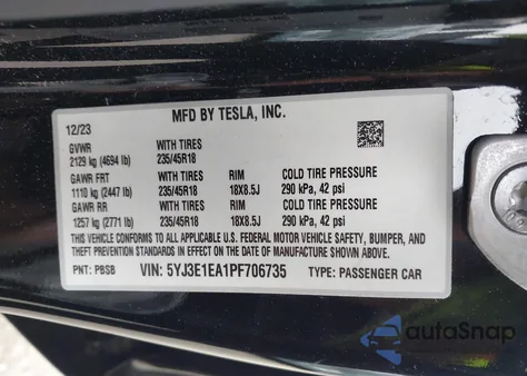 2023 Tesla Model 3 Rear-Wheel Drive z USA, uszkodzony, nr VIN 5YJ3E1EA1PF706735